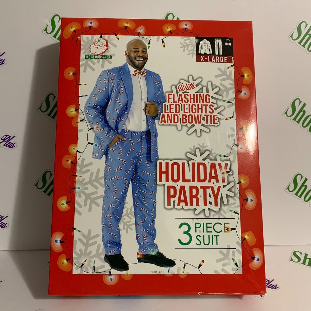 Ugly Christmas Suit DEC 25TH 3 Piece Light Up Bow Tie Candy Cane Blue XL